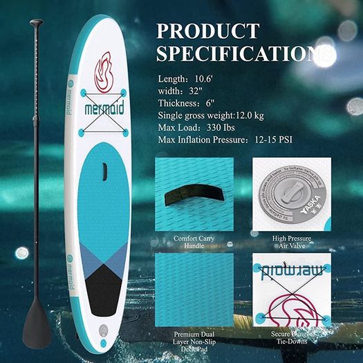 10.6ft Inflatable Stand Up Paddle Board- SUP Board for All Skill Levels with SUP Accessories & Fiberglass Paddle,Fin, Leash, Double Action Pump and ISUP Travel Backpack for Youth & Adult (FREE POSTAGE)