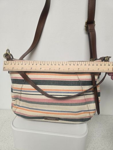 Fossil Striped Canvas & Leather Hobo Bag + Matching Zip Wallet Set