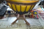 Large Heavy Wrought Iron Hand Blown Glass Fruit Bowl resembles Art Nouveau styles with a yellow and blue ombre finish,