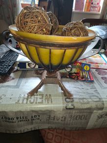 Large Heavy Wrought Iron Hand Blown Glass Fruit Bowl resembles Art Nouveau styles with a yellow and blue ombre finish,