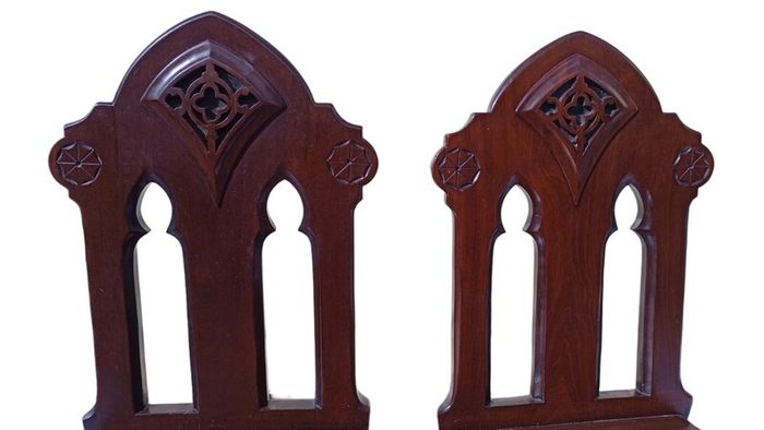 CLEARANCE: PAIR of antique 19th century Victorian Gothic mahogany hall chairs