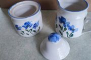 Vintage 1990s small hand-painted blue floral ceramic creamer and sugar bowl set with lid flower 90s