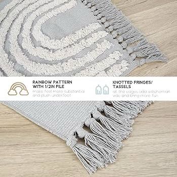 MULTIPLE SIZES AVAILABLE Boho Small Rug 60x90cm Washable Cotton Rug, Grey Cute Rainbow Hand Woven Tufted Rugs With Tassels, Low Pile Carpet For Kitchen Bathroom Living Room Bedroom Hallway Nursery Indoor Doormat
