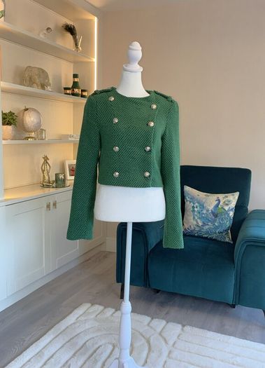 Green Tweed Textured Weave Jacket with Gold Buttons from Zara