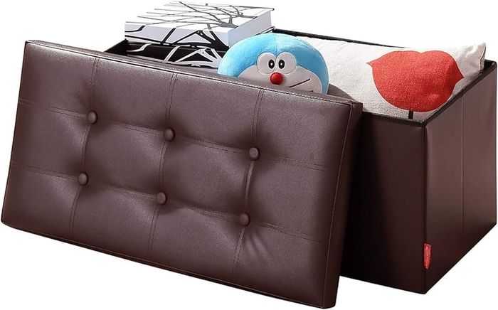 NEW SALE | Folding Ottoman Bench Storage Box with Lid, Large Storage Seat Faux Leather Footstool Toy Storage Box, Brown, 76 x 38 x 38 cm