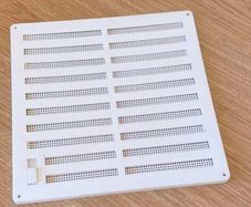 White plastic wall vent cover, adjustable ventilation grille with fly screen and slider shutter, room air vent panel