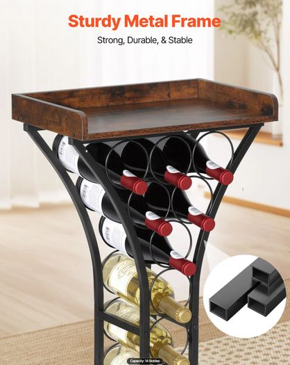 15 Bottle Wine Rack,Iron Freestanding Floor Wine Holder, Mini Bar Stand Liquor Cabinet with Wood Tabletop, For Home Bar,Kitchen,Living Room,Dining Room