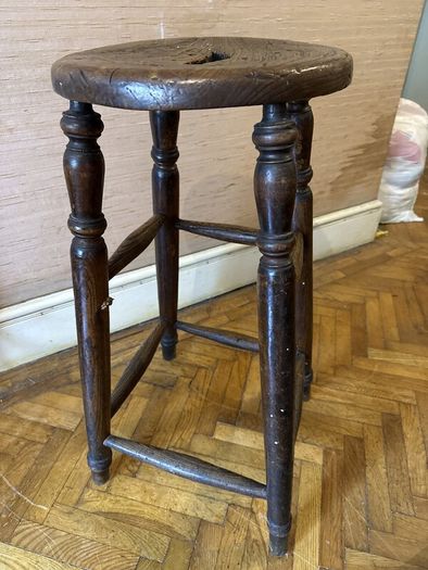 Antique Victorian Elm Stool with Hand Hole, Tall, Turned Legs