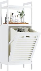 Bamboo Tilt Out Hamper, Bathroom Laundry Cabinet with Hidden Foldable Basket, Freestanding Clothes Storage Organizer with Storage Shelf, White