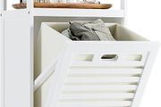 Bamboo Tilt Out Hamper, Bathroom Laundry Cabinet with Hidden Foldable Basket, Freestanding Clothes Storage Organizer with Storage Shelf, White