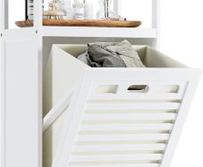 Bamboo Tilt Out Hamper, Bathroom Laundry Cabinet with Hidden Foldable Basket, Freestanding Clothes Storage Organizer with Storage Shelf, White