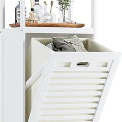 Bamboo Tilt Out Hamper, Bathroom Laundry Cabinet with Hidden Foldable Basket, Freestanding Clothes Storage Organizer with Storage Shelf, White