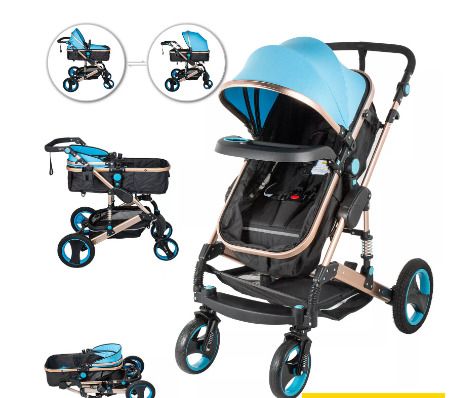 BRAND NEW 2 in 1 Portable Baby Stroller Blue Anti-Shock Springs Foldable Luxury Baby Stroller Adjustable High View Pram Stollers