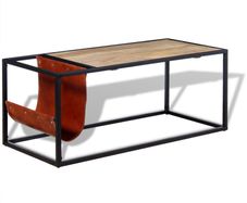 Coffee Table with Genuine Leather Magazine Holder 110x50x45 cm