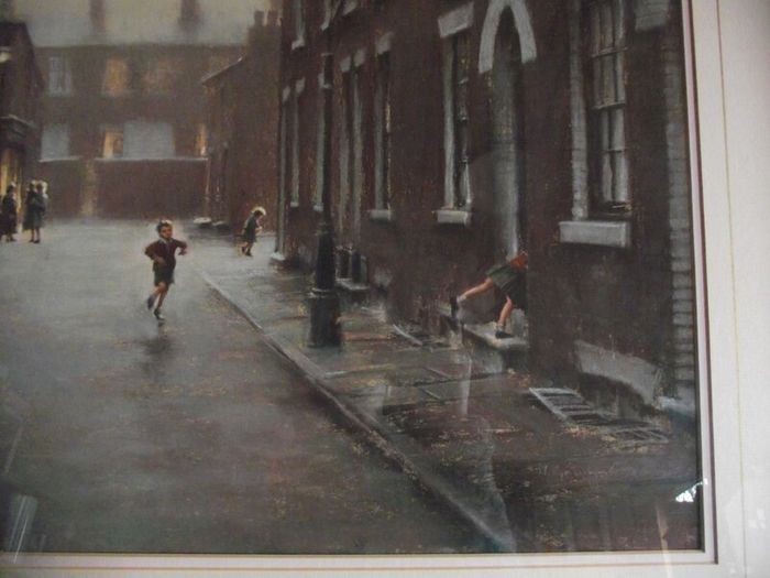 Marc Grimshaw - Original Pastel of - Children In A Rainy Street - Signed