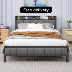 Double Bed Frame with Wooden Storage Headboard Shelf, 4ft6 Upholstered Bed Frame