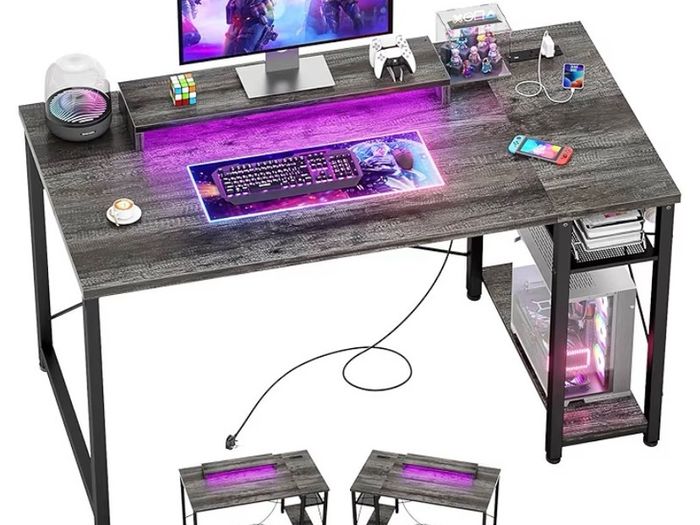 Gaming Desk with LED Lights & Power Outlet, Reversible Computer Desk with Moveable Monitor Stand, 100x75x50CM Office Desk with USB Charging Station for Home, Bedroom, Study,Gray Oak