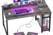 Gaming Desk with LED Lights &amp; Power Outlet, Reversible Computer Desk with Moveable Monitor Stand, 100x75x50CM Office Desk with USB Charging Station for Home, Bedroom, Study,Gray Oak