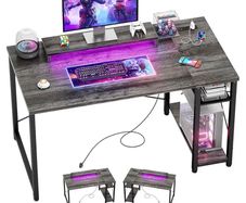 Gaming Desk with LED Lights & Power Outlet, Reversible Computer Desk with Moveable Monitor Stand, 100x75x50CM Office Desk with USB Charging Station for Home, Bedroom, Study,Gray Oak