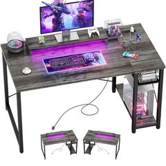 Gaming Desk with LED Lights & Power Outlet, Reversible Computer Desk with Moveable Monitor Stand, 100x75x50CM Office Desk with USB Charging Station for Home, Bedroom, Study,Gray Oak