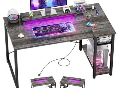 Gaming Desk with LED Lights & Power Outlet, Reversible Computer Desk with Moveable Monitor Stand, 100x75x50CM Office Desk with USB Charging Station for Home, Bedroom, Study,Gray Oak