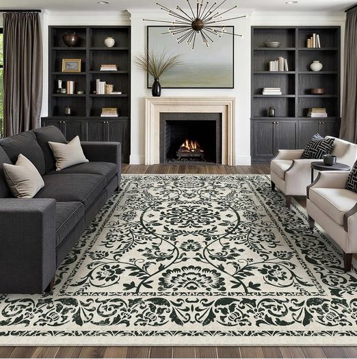 Vintage Rugs Living Room Area Rug 200x300cm Black Large Non Slip Washable Lounge Dining Room Bedroom Kitchen Office Indoor Carpet Low Pile Big Carpets