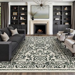 Vintage Rugs Living Room Area Rug 200x300cm Black Large Non Slip Washable Lounge Dining Room Bedroom Kitchen Office Indoor Carpet Low Pile Big Carpets
