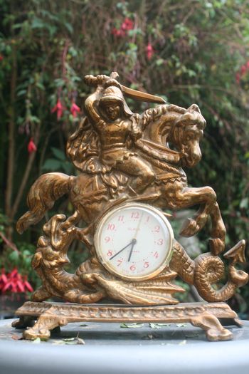 Vintage Brass Table Clock Knight on Horseback and Dragon, Saint George and Dragon, Mechanical  Clock SLAVA 11 JEWELS,  Working
