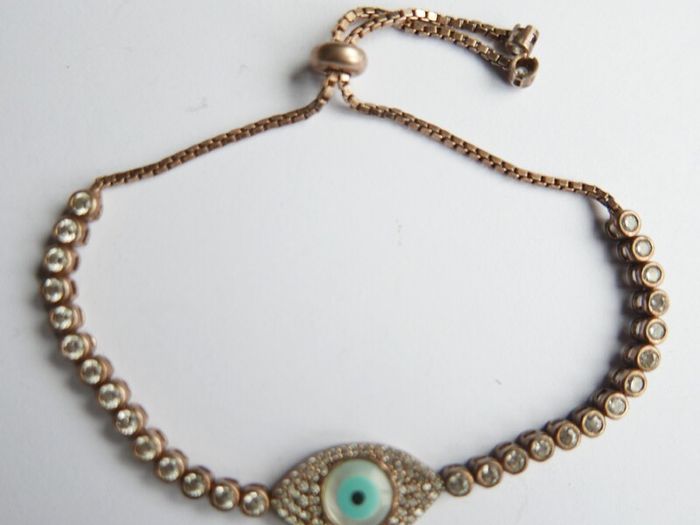 Vintage Handmade Evil Eye Tennis Bracelet: Sterling Silver 925 Gold Plated Mother of Pearl 9,4g