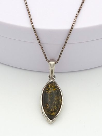 Vintage 925 Sterling Silver & Natural Dark Green Amber Necklace