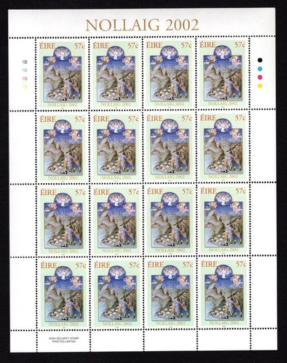 2002 Ireland Christmas Commemorative Stamp Sheetlets Plate 1B1B1B1B Mint Never Hinged (MNH).