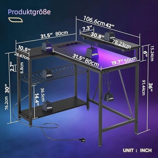 106.5CM L-Shaped Gaming Desk with RGB LED Lights Carbon Fibre Surface, 3 Power Outlets & 2 USB Ports, Reversible Corner Desk with Shelves & Hooks for Home Office & Small Spaces