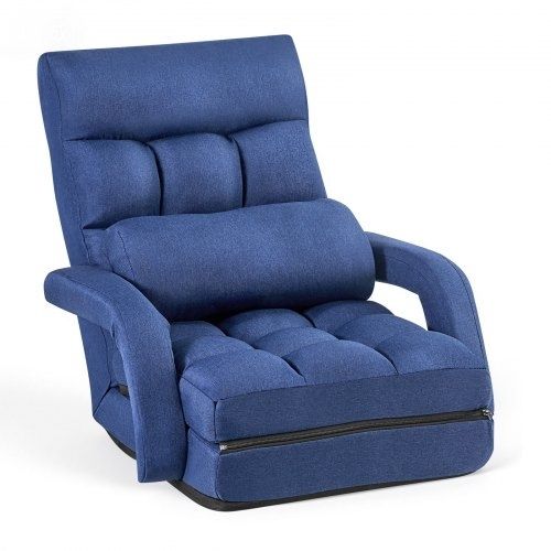 Floor Chair, 5 Adjustable Positions Folding Floor Gaming Chair with Back Support, Armrests, and Cushion, Sturdy Metal Frame with Recycled Foam and Linen Fabric, for Reading, Relaxing, Dark Blue