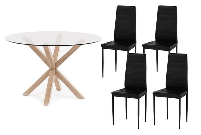 Round Glass Dining Table Set with 4 Faux Leather Chairs Black or White