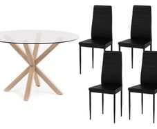 Round Glass Dining Table Set with 4 Faux Leather