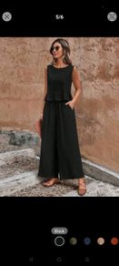 black linen woven fabric button frill top and trousers.