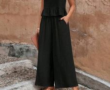 black linen woven fabric button frill top and trousers.