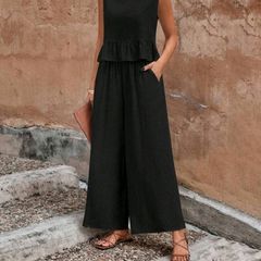 black linen woven fabric button frill top and trousers.