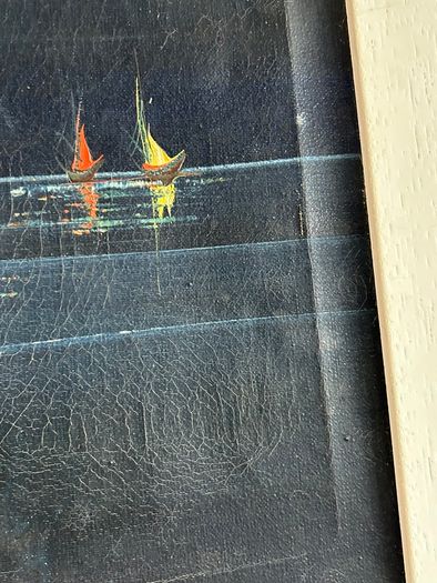 Vintage seascape oil painting with sailboats - framed