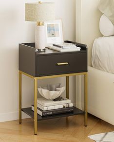 Bedside Table, 3-tier Modern Bedside Table with Storage Drawer and Shelf, Small Side Table for Bedroom, Living Room, Black