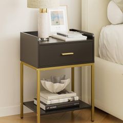 Bedside Table, 3-tier Modern Bedside Table with Storage Drawer and Shelf, Small Side Table for Bedroom, Living Room, Black
