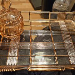Vintage Art Deco Pink Glass Vanity Dressing Table Set