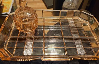 Vintage Art Deco Pink Glass Vanity Dressing Table Set
