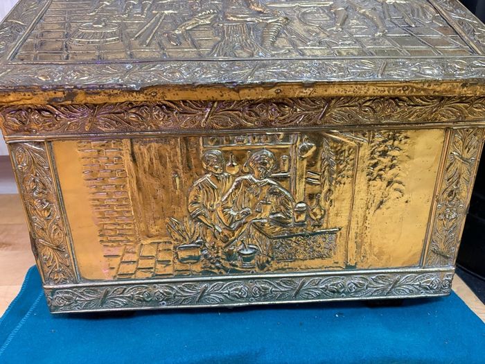 Vintage antique embossed brass fireside log box, coal box