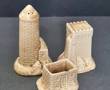 Vintage 1970s Carrigaline Ireland Ceramic Condiment Cruet Set Round Castle Tower