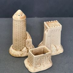 Vintage 1970s Carrigaline Ireland Ceramic Condiment Cruet Set Round Castle Tower
