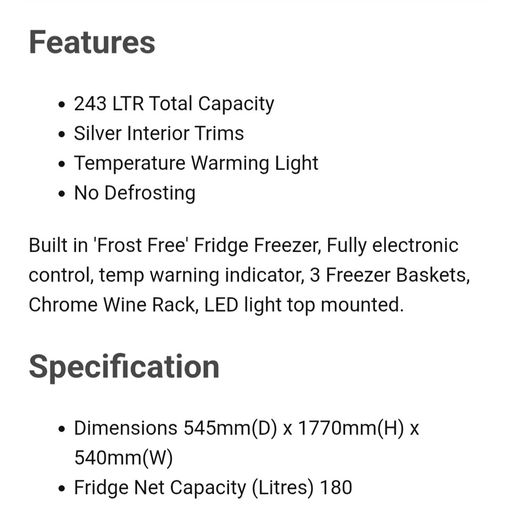 Belling Integrated Fridge Freezer