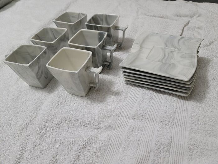 Stylish Modern Porcelain China Square 55 Piece Dinner Set, Marble Grey, Dinnerware, Dinner Party Set. Plates, Cups Mugs Bowls Egg Cups