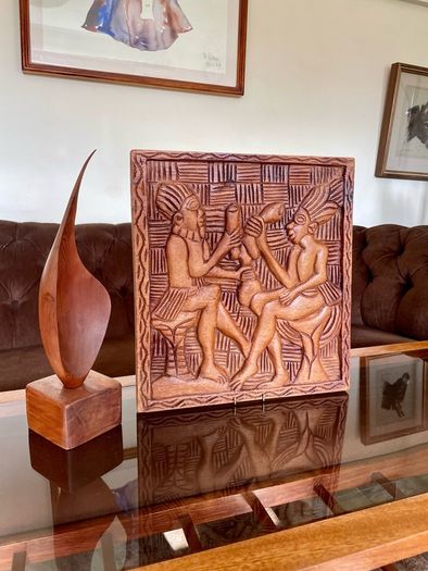 Vintage Hand Carved Deep Relief Large Wooden Wall Art Panel Tribal Village Scene Story Board