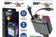 5 In 1 120w Super Fast Car Charger With Built In Type C And Lightning Cables